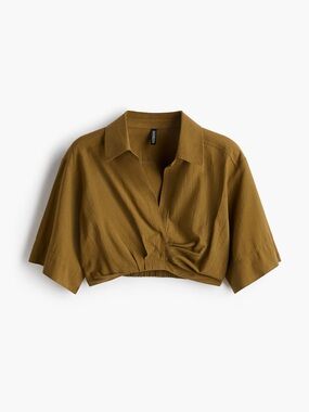 H&M Cropped Twist-Front Shirt - Olive Green